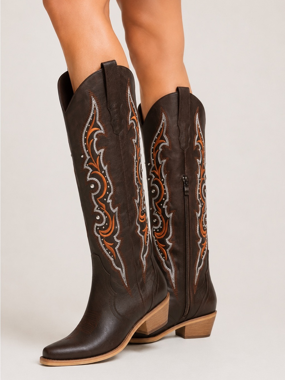 Women’s Brown Over-the-Knee Western Boots with Embroidered Accent